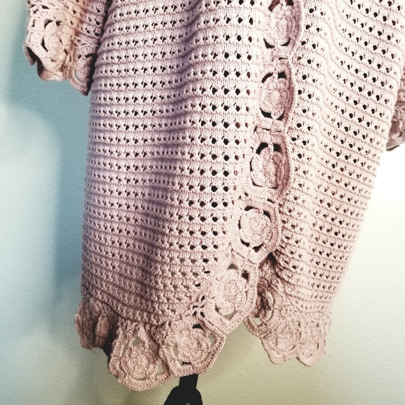 Knit Cardigan Crochet Granny Square TrimOpen Front 3/4 Sleeve Cotton Blend - Picture 6 of 8